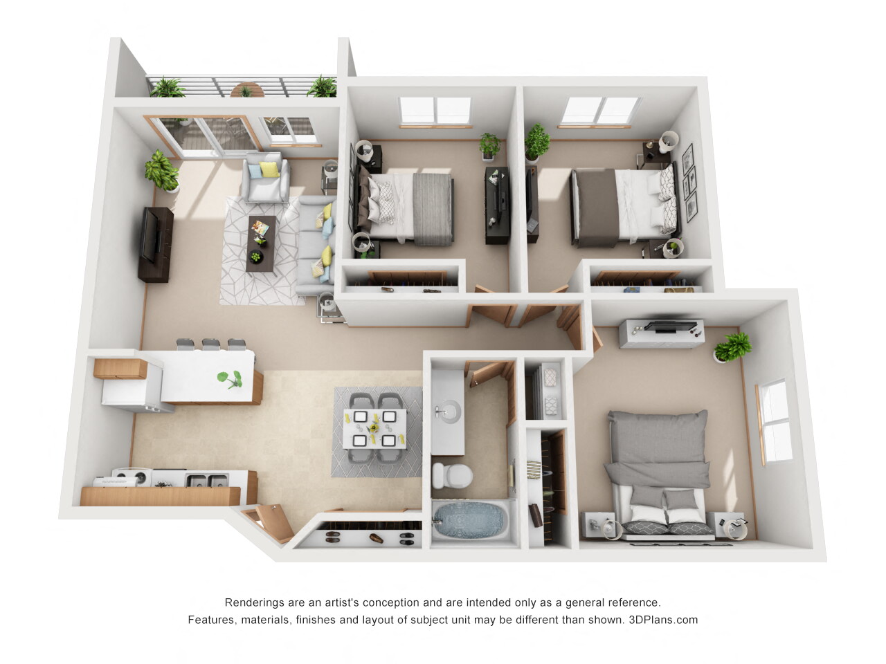 Floor plan for 3 beds, 1 bath, 1100 sqft